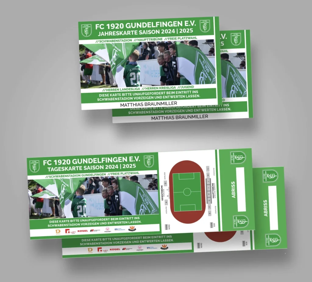 Grüne Eintrittskarten mit Fußballfoto, Vereinswappen und Text stehen neben weiteren Kartenentwürfen auf grauem Hintergrund.