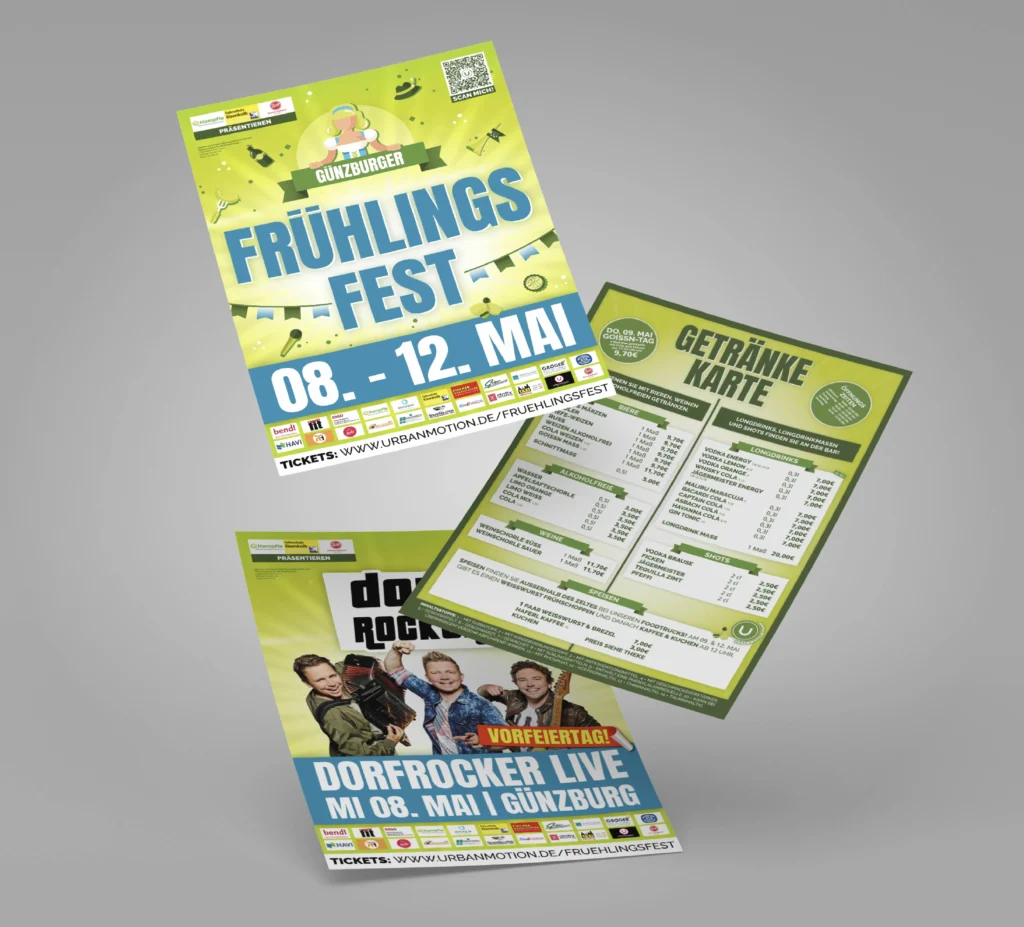 Mehrere gelb-grüne Plakate zeigen das Frühlingsfest Günzburg, eine Getränkekarte und einen Auftritt der Dorfrocker.
