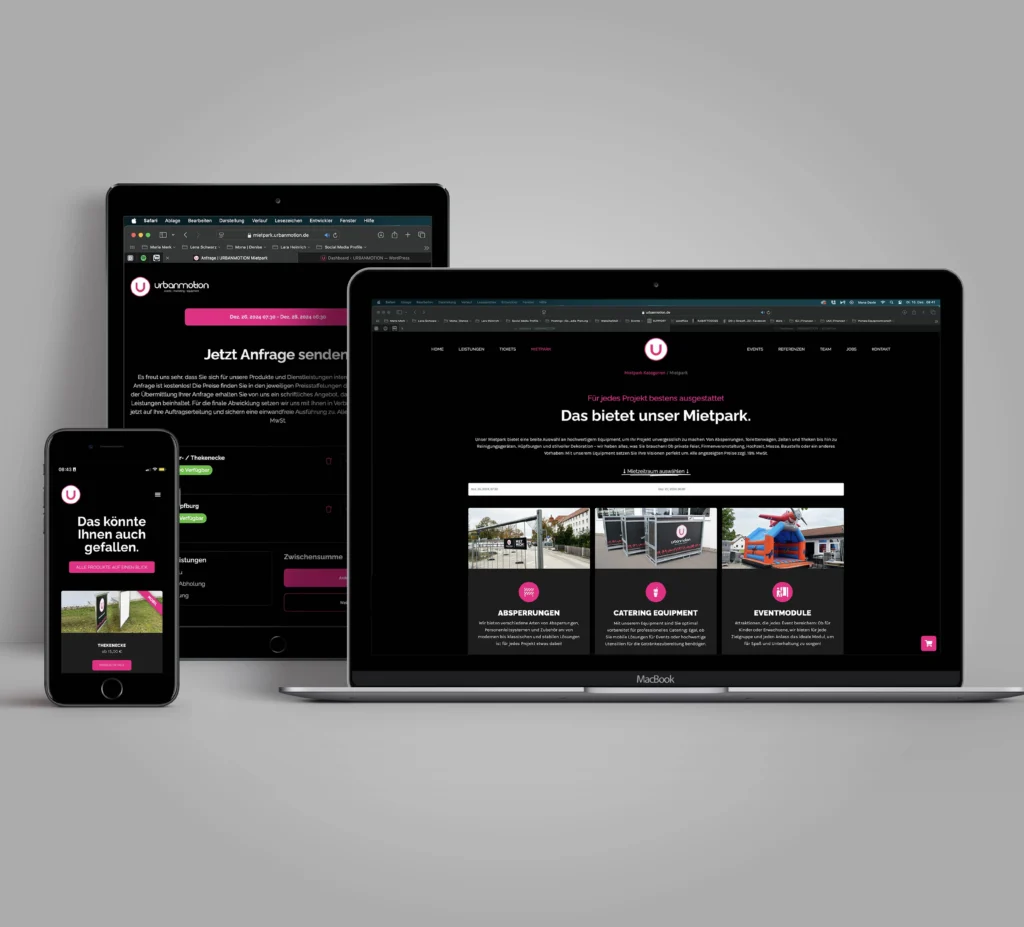 Laptop, Tablet und Smartphone zeigen die schwarze URBANMOTION-Mietparkwebsite mit pinken Elementen.