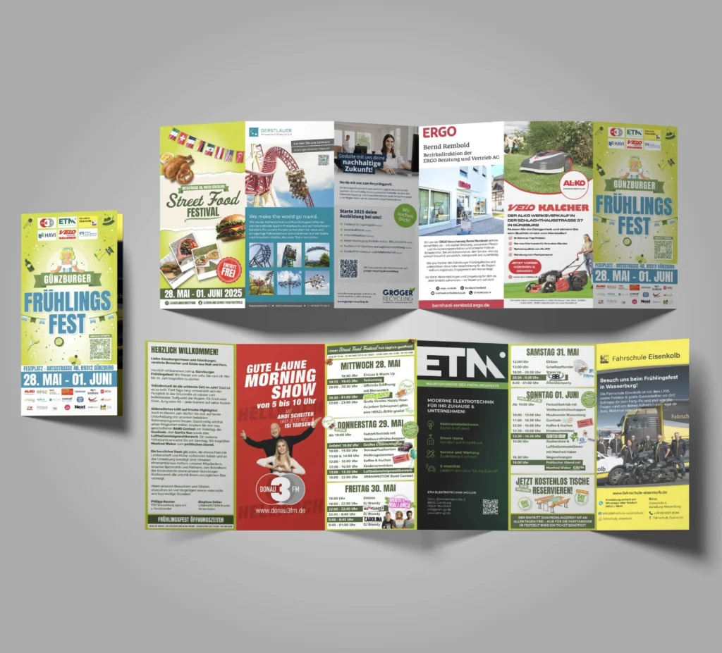 Ein gelb-grüner Frühlingsfest-Flyer ist zusammengefaltet und mit den Veranstaltungsseiten aufgeklappt dargestellt.