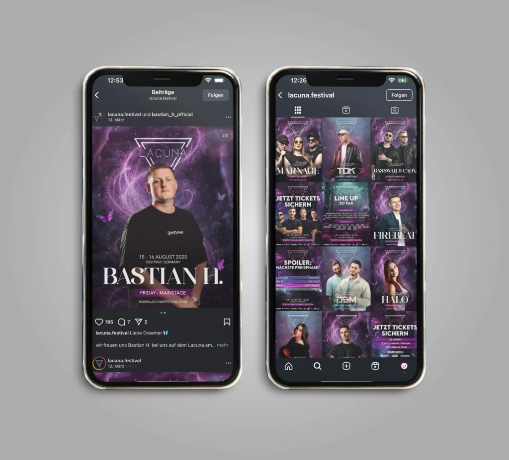 Zwei Smartphones zeigen einen violett gestalteten Festivalauftritt mit Künstlerporträts und einem Beitragsraster.